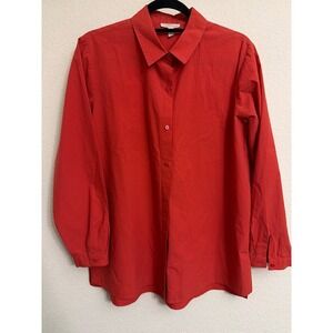 Eileen Fisher Womens Red Organic Cotton Button Down Shirt Small S/P Long Sleeve